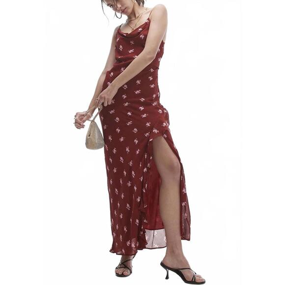 Topshop Dresses & Skirts - Topshop Sheer Drape Midi Dress Red Cowl Neck Maxi Dress with Slit Burgundy NWT 2